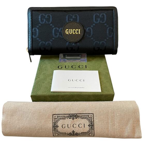 GUCCI Off The Grid Zip Around Long Wallet GG Logo Nylon Leather Black Gold New - Picture 1 of 16